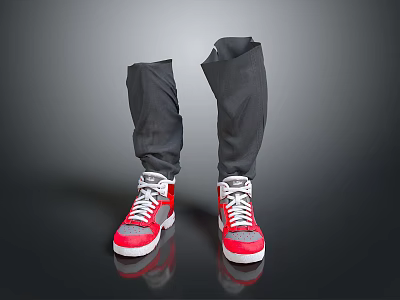 Stylish Red And White Sneakers With Gray Rolled Cuff Pants On Dark Reflective Surface 3d model