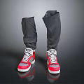 Stylish Red And White Sneakers With Gray Rolled Cuff Pants On Dark Reflective Surface