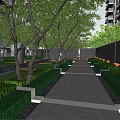 Modern Landscape Feature Wall In Garden With Green Trees Lawn And Sculpture