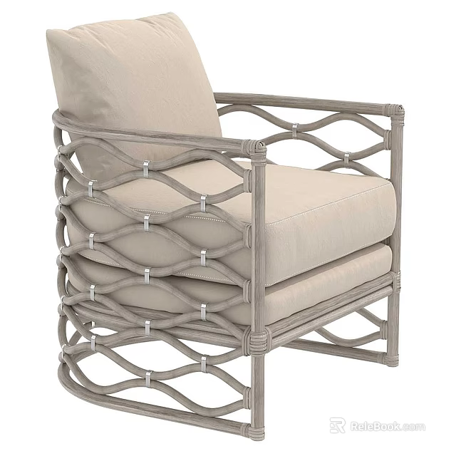 Modern Single Sofa With Rattan Woven Structure Beige Cushion And Gray Frame 3d model