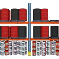Industrial Storage Shelving with Red and Silver Drums and Boxed Goods in Warehouse Facility