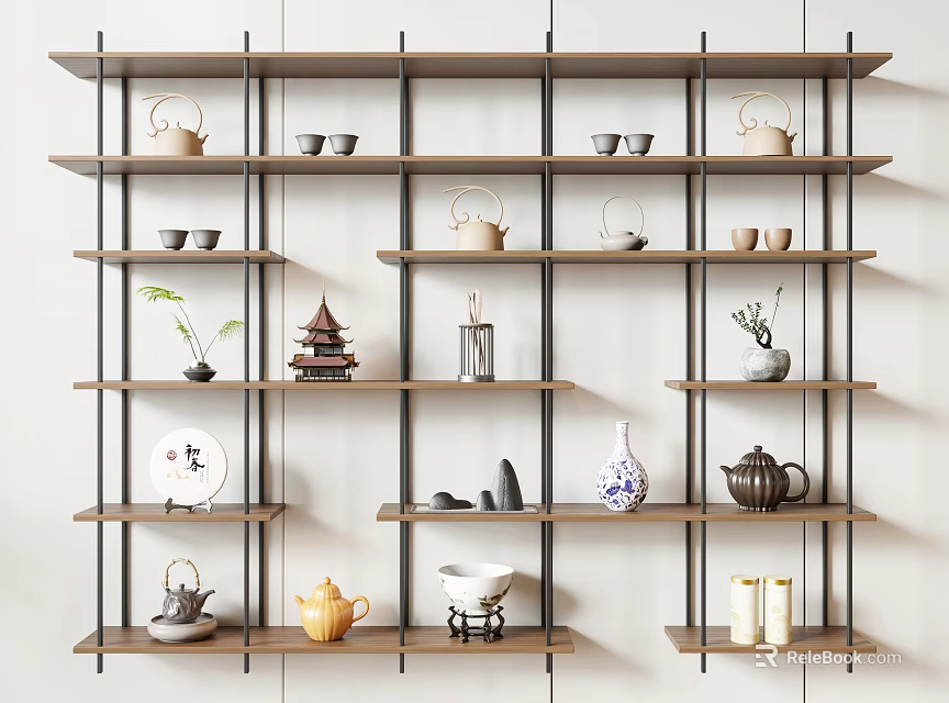 Minimalist Modern Wooden Shelving Unit With Metal Frame And Decorative Teapots Cups Ornaments 3d model 