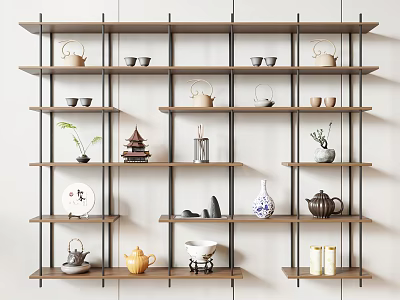 Minimalist Modern Wooden Shelving Unit With Metal Frame And Decorative Teapots Cups Ornaments 3d model