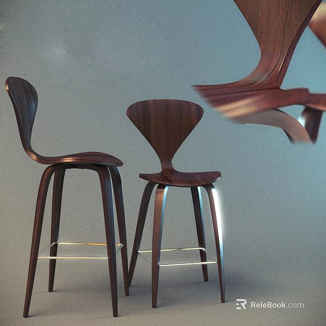 Modern Walnut Bar Stools With Curved Backrest And Metal Leg Support 3d model
