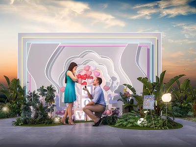 Romantic Photo Spot With Proposal Scene Pink Balloons Neon Frame Green Plants And Sunset Background 3d model