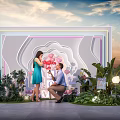 Romantic Photo Spot With Proposal Scene Pink Balloons Neon Frame Green Plants And Sunset Background