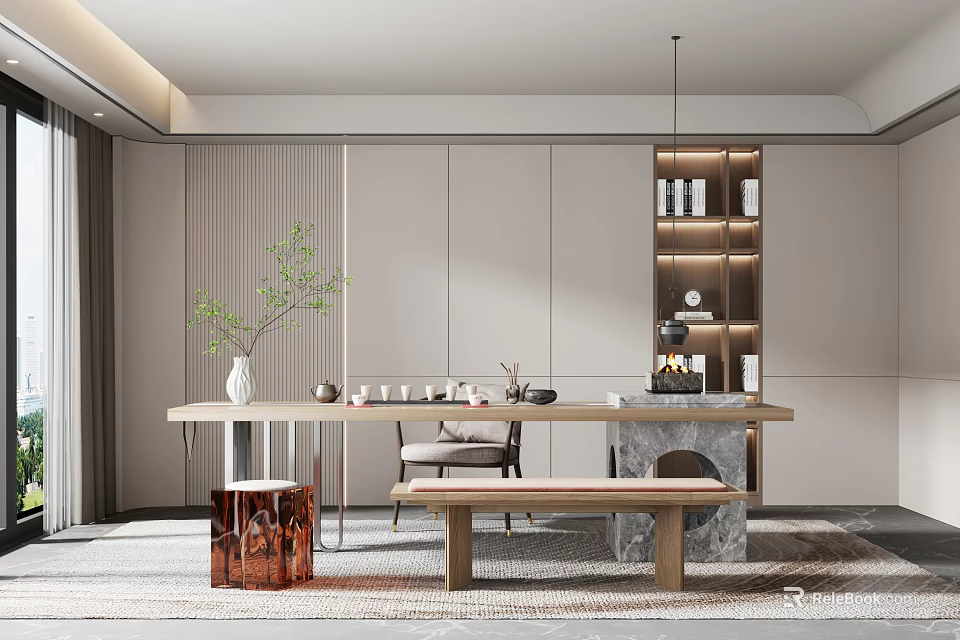 Modern Minimalist Tea Room Interior With Wooden Tea Table Tea Sets Green Plants And Bookshelf 3d model 