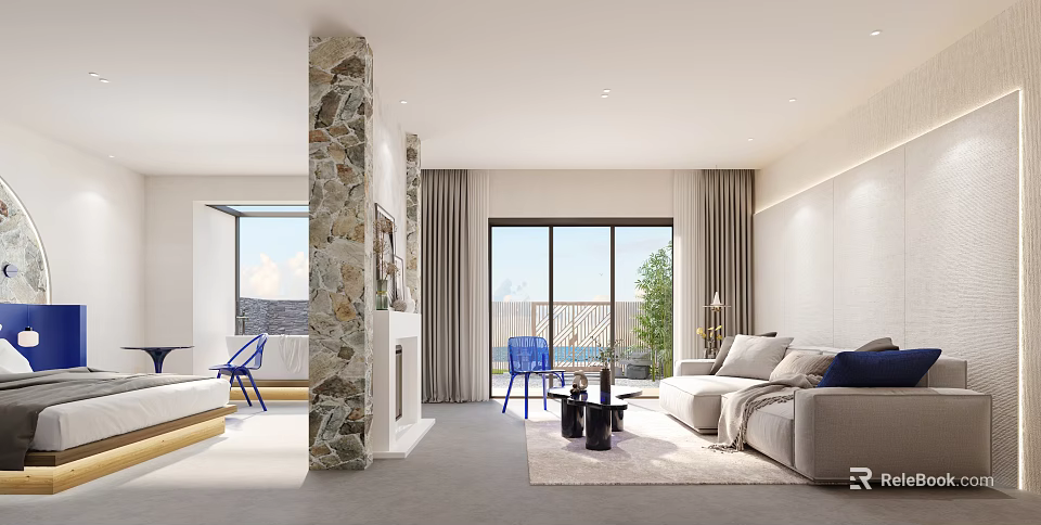 Modern Hotel Room With Stone Pillar Cozy Sofa And Blue Chairs 3d model 