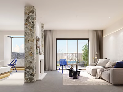 Modern Hotel Room With Stone Pillar Cozy Sofa And Blue Chairs 3d model