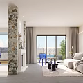 Modern Hotel Room With Stone Pillar Cozy Sofa And Blue Chairs