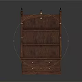 Dark Wood Storage Cabinet with Decorative Spire Top Multiple Shelves and Drawers