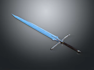 Shiny Metallic Double Edged Sword With Brown Leather Hilt And Decorative Guard 3d model