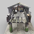 Abandoned Structure Model With Rusted Metal Broken Roof And Graffiti On Stone Base