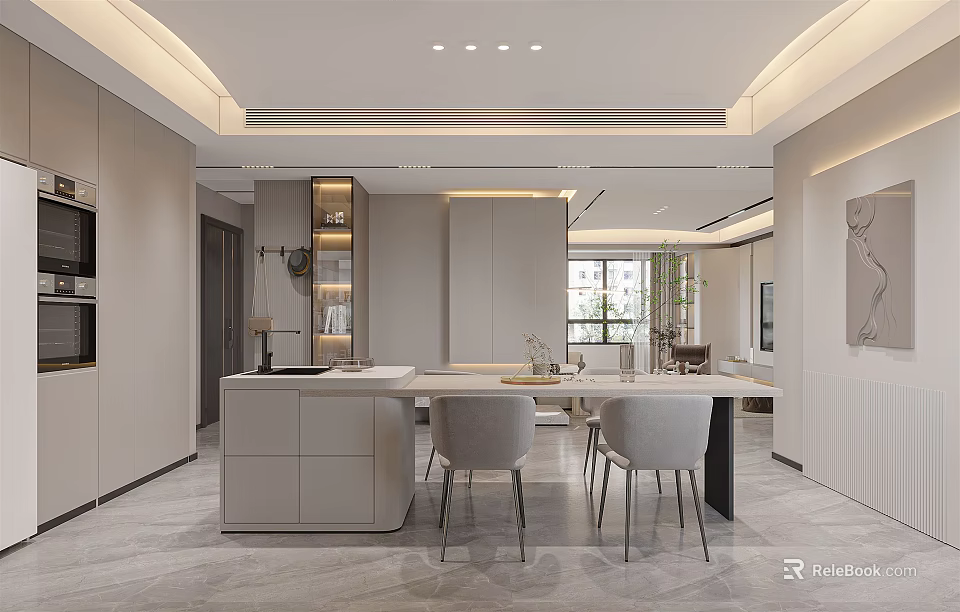 Modern Restaurant Interior Design With Open Concept Island Dining Table And Chairs 3d model