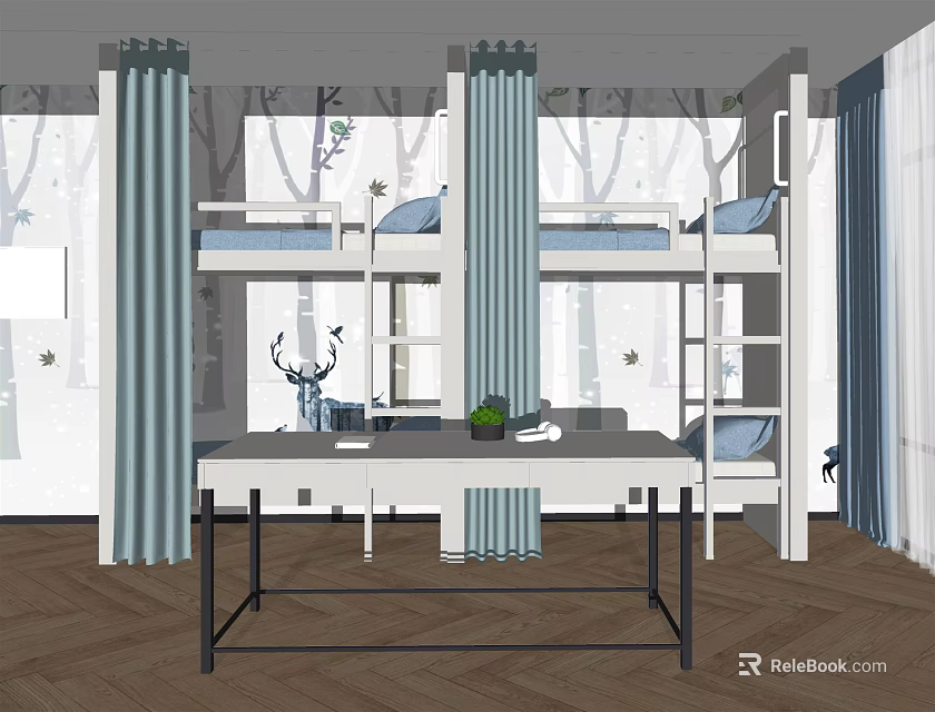 Modern Kids Bedroom Bunk Bed With Tree Pattern Wall Blue Curtains And Study Table 3d model 