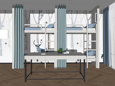 Modern Kids Bedroom Bunk Bed With Tree Pattern Wall Blue Curtains And Study Table 3d model