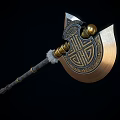 Medieval Battle Axe With Golden Head Intricate Patterns Gray Handle And Decorative Metal Rings
