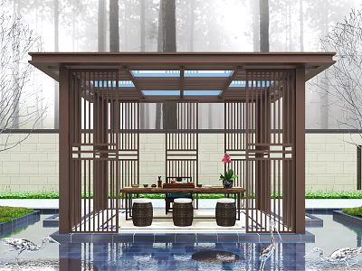 Chinese Style Pavilion in Garden with Pool Trees and Traditional Table Stools 3d model