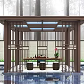 Chinese Style Pavilion in Garden with Pool Trees and Traditional Table Stools