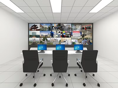 Modern Monitoring Room Interior With Multiple Screens Computer Monitors And Black Chairs 3d model