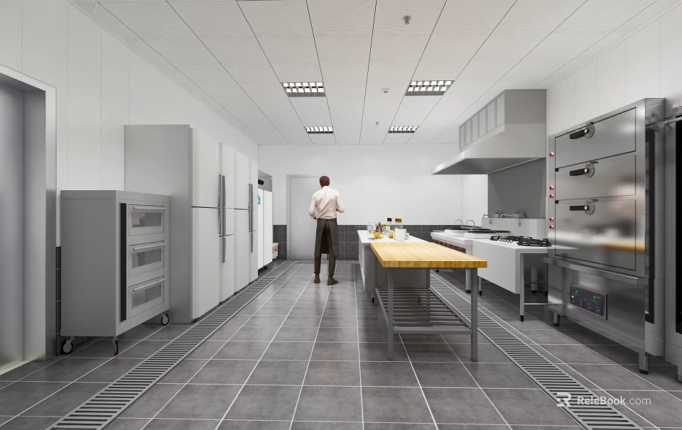 Modern Spacious Commercial Kitchen Interior With Central Wooden Worktable Stainless Steel Appliances And Ceiling Lighting 3d model 