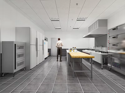 Modern Spacious Commercial Kitchen Interior With Central Wooden Worktable Stainless Steel Appliances And Ceiling Lighting 3d model