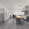 Modern Spacious Commercial Kitchen Interior With Central Wooden Worktable Stainless Steel Appliances And Ceiling Lighting