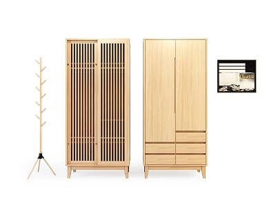 Wooden Wardrobes With Vertical Slat Doors Drawers Coat Rack And Decorative Painting 3d model