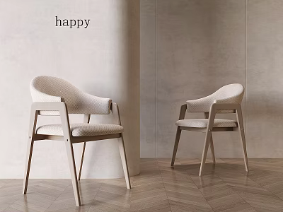 Two Modern Leisure Chairs with Fabric Upholstered Seats and Wooden Frame Against Light Colored Wall 3d model