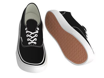 Black Canvas Low Top Shoes With White Laces And Brown Sole Casual Style 3d model