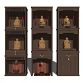 Traditional Wooden Buddhist Altar Cabinets With Golden Buddha Statues And Red Candles