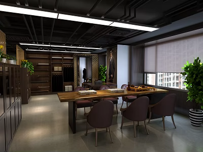 Modern Office Interior Design With Conference Table Chairs Green Plants And Bookshelves 3d model