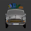 Vintage White Car Featuring Roof Rack With Colorful Luggage Bags