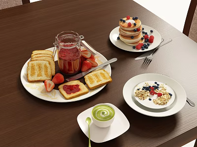 Delicious Breakfast Spread With Toast Strawberries Jam Waffles Oatmeal And Matcha Latte 3d model