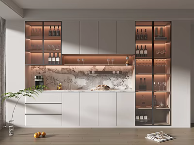Elegant Modern Wine Cabinet Design With Glass Doors Marble Countertop Lighting And Wine Glasses Bottles 3d model