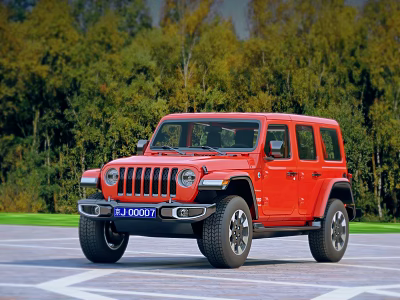 Red Jeep Wrangler Parked On Road Surface With Green Trees Background 3d model