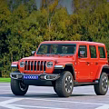 Red Jeep Wrangler Parked On Road Surface With Green Trees Background 3d model