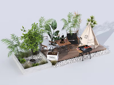 Outdoor Wooden Deck Table And Chair Set With Green Plants Tent And Grill 3d model