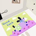 Square Rug Featuring Cartoon Rabbit Blue Plaid Clothes Good Luck Text Clouds And Pink Houses