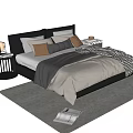 Modern Double Bed with Dark Headboard Beige Bedding Gray Blanket and Nightstand Lamp on Rug