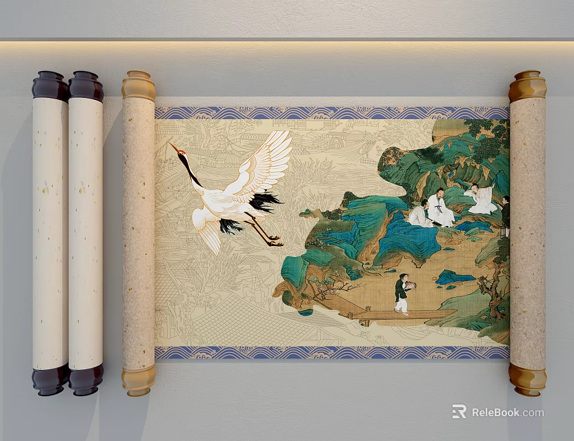 Traditional Chinese Scroll Painting With White Crane Green Landscape And Figures 3d model 