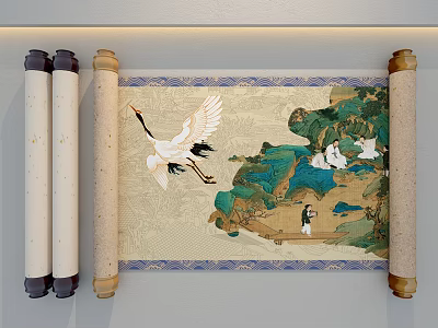 Traditional Chinese Scroll Painting With White Crane Green Landscape And Figures 3d model