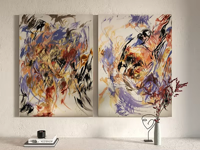 Two Vibrant Abstract Paintings in Purple Orange Black Yellow Hues on White Wall 3d model