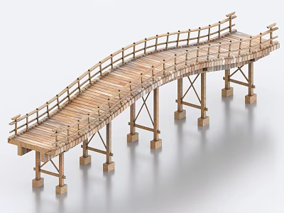 Traditional Wooden Arch Bridge Design With Wooden Railing And Supporting Pillars 3d model