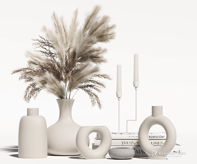 Minimalist Modern White Vase with Dried Pampas Grass Decorative Bottles Candles and Ring Ornaments 3d model 