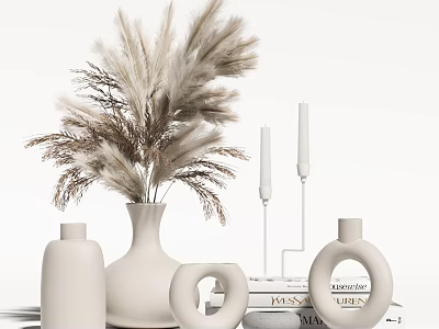 Minimalist Modern White Vase with Dried Pampas Grass Decorative Bottles Candles and Ring Ornaments 3d model