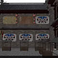 Ancient Chinese Architecture Traditional Stage With Opera Masks Performers Courtyard Tables Chairs And Classic Roof Design