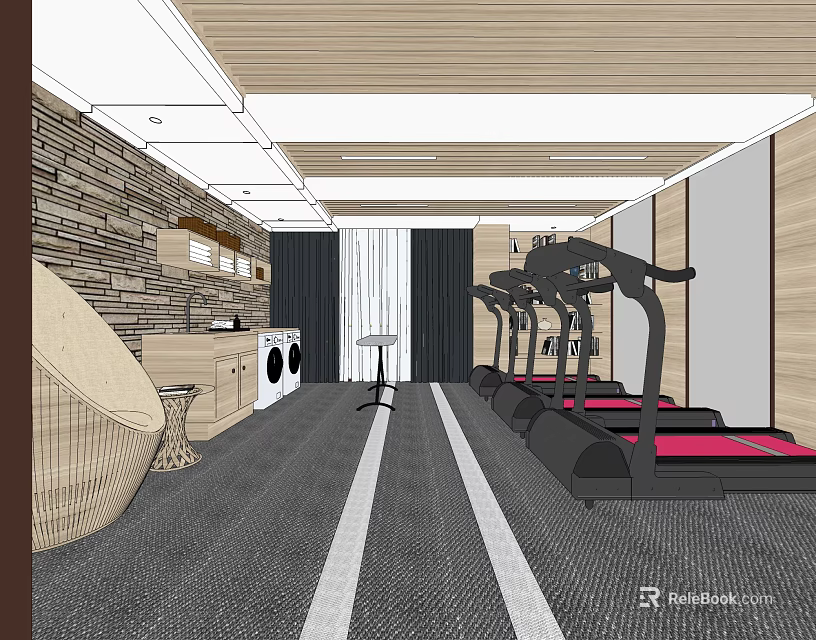 Modern Fitness Gym Interior With Treadmills Wooden Walls And Carpeted Workout Area 3d model 