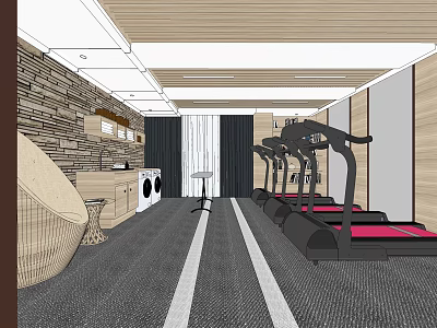Modern Fitness Gym Interior With Treadmills Wooden Walls And Carpeted Workout Area 3d model