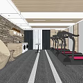 Modern Fitness Gym Interior With Treadmills Wooden Walls And Carpeted Workout Area